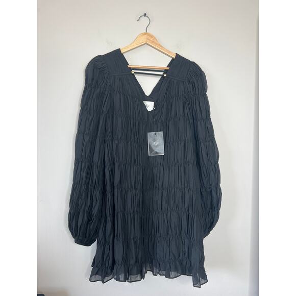 NWT Aje Evelina Ruched Blouson Sleeve V-Neckline Cotton Mini Dress Black Size: 4 - Picture 2 of 8